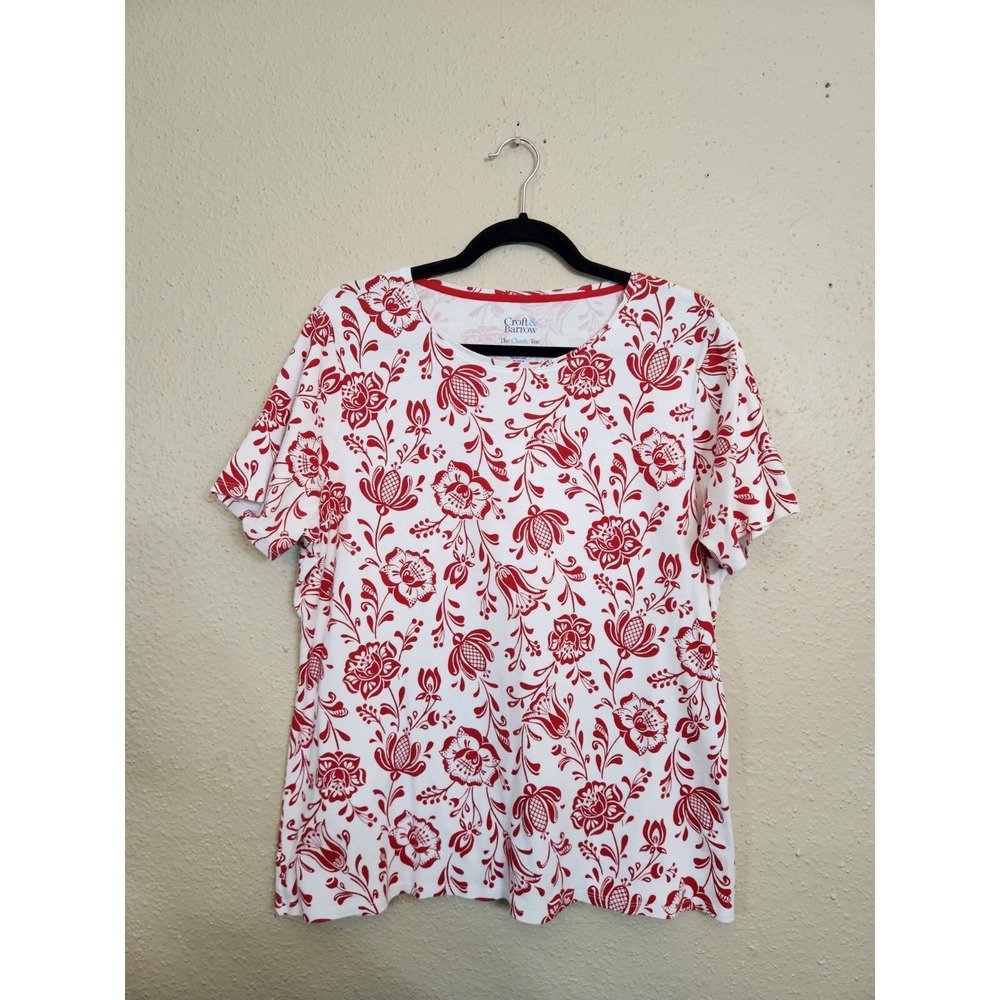 Croft & Barrow Womens 0X White Red Floral T-Shirt Short Sleeve Classic Tee